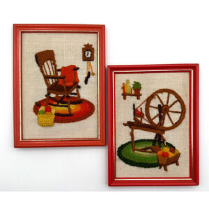 Set of 2 Vintage Framed Crewel Embroidery Rocking Chair Spinning Wheel Cottage
